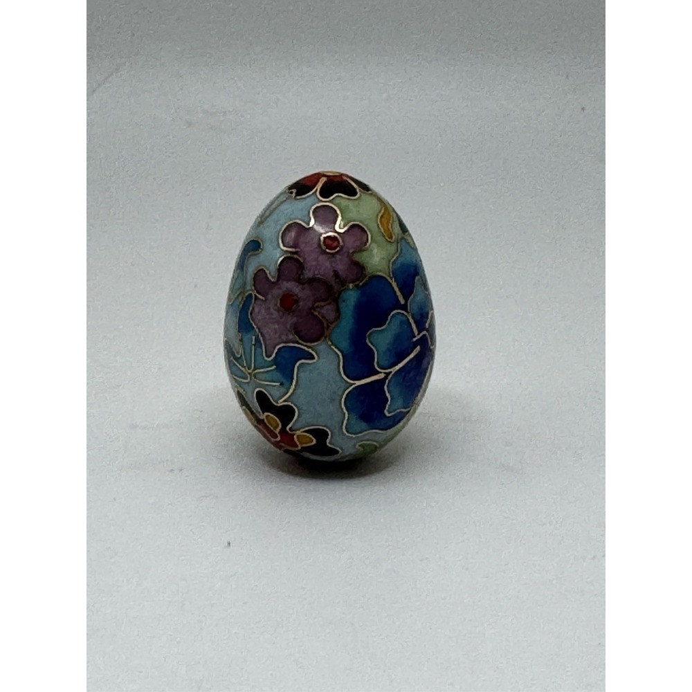 Cloisonné Colorful Floral Patterned Egg 1.5" Tall Blue Pink Yellow Brass Enamel